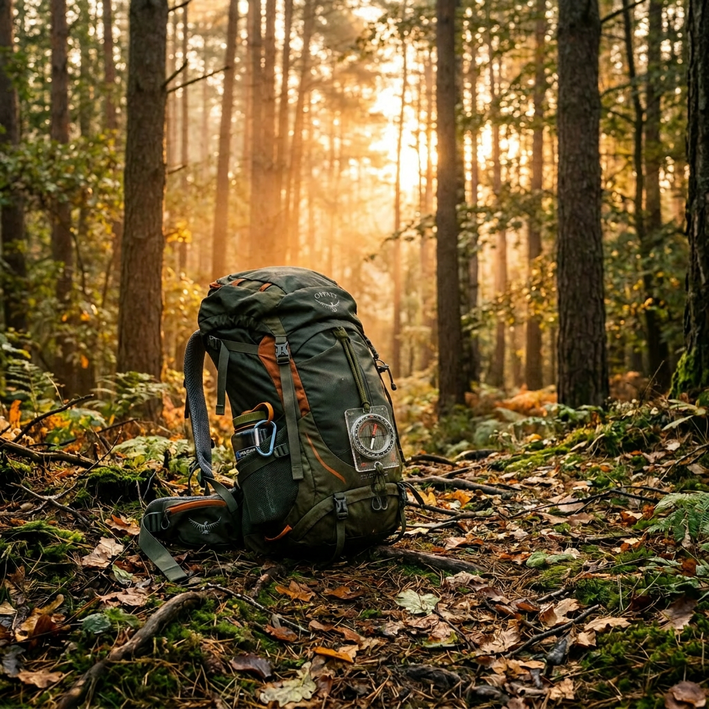 Green hiking backpack on mossy forest ground with sunlight through trees